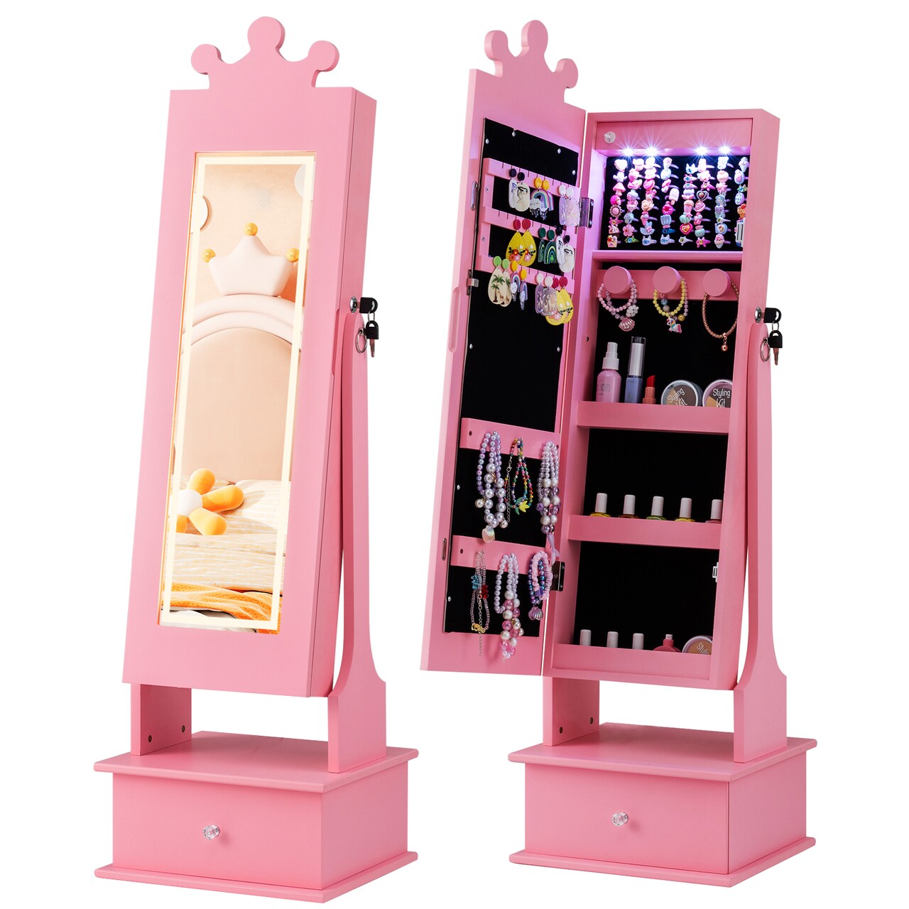 Pink Kids Jewelry Cabinet Crown-Shaped 2-in-1 Lighted Mirror with Storage